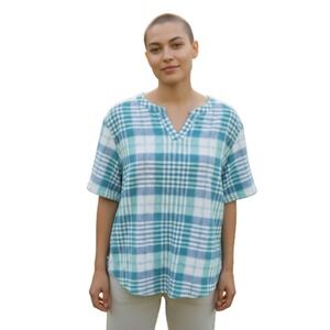 LL bean Plaid Linen Blouse Short Sleeve Striped V Front Lightweight Medium